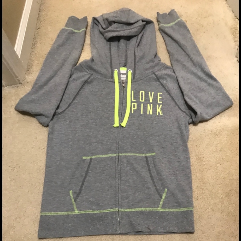 🔥EUC PINK BY VICTORIA SECRET GRAY/YELLOW ZIPPER UP HOODIE JACKET LIGHTWEIGHT - Picture 2 of 9